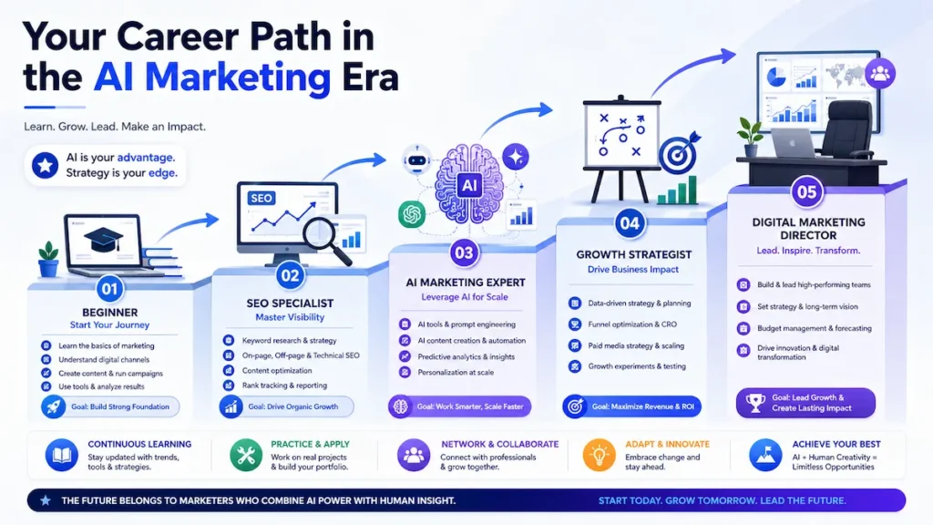 Career roadmap infographic showing progression in digital marketing skills for AI era from beginner to expert.