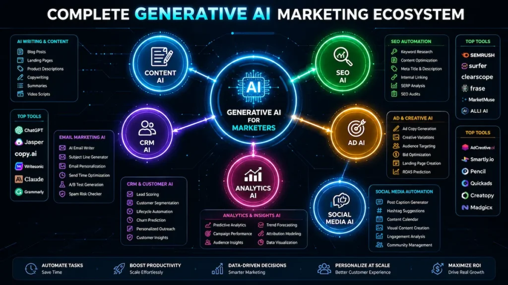Ecosystem diagram showing interconnected AI marketing tools for content creation, SEO, ads, analytics, and customer engagement.