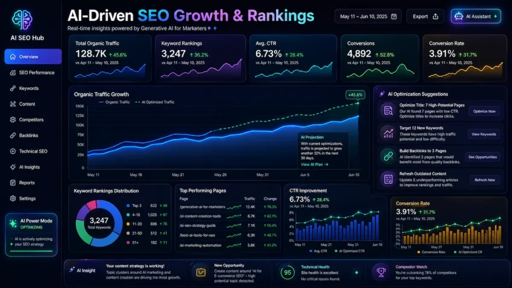 SEO analytics dashboard showing AI-powered improvements in traffic, rankings, and conversions for digital marketing campaigns.
