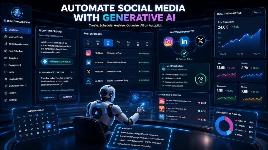 AI-powered social media management dashboard showing automated post creation, scheduling, and engagement optimization across platforms.