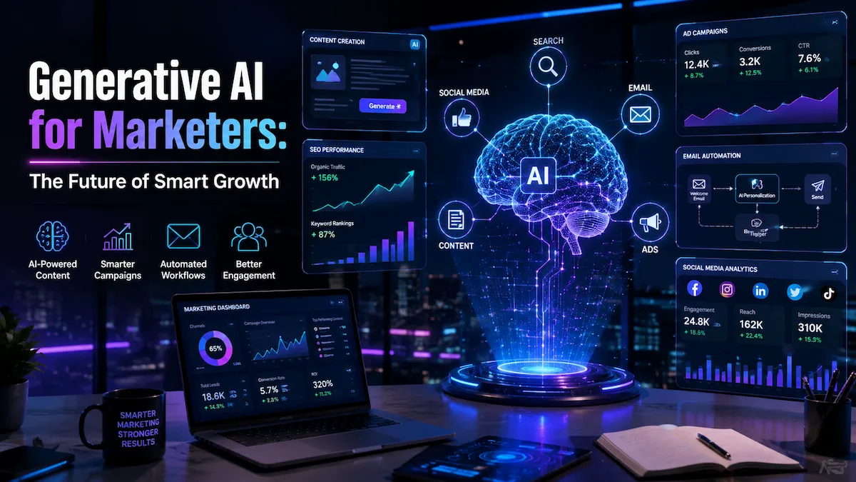 Futuristic AI-powered marketing dashboard showing generative AI optimizing SEO, ads, email campaigns, and content strategy in a digital workspace.