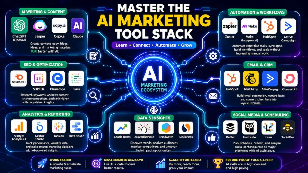 AI marketing tools ecosystem diagram showing connected platforms like ChatGPT, SEO tools, and automation systems used in AI marketing learning.