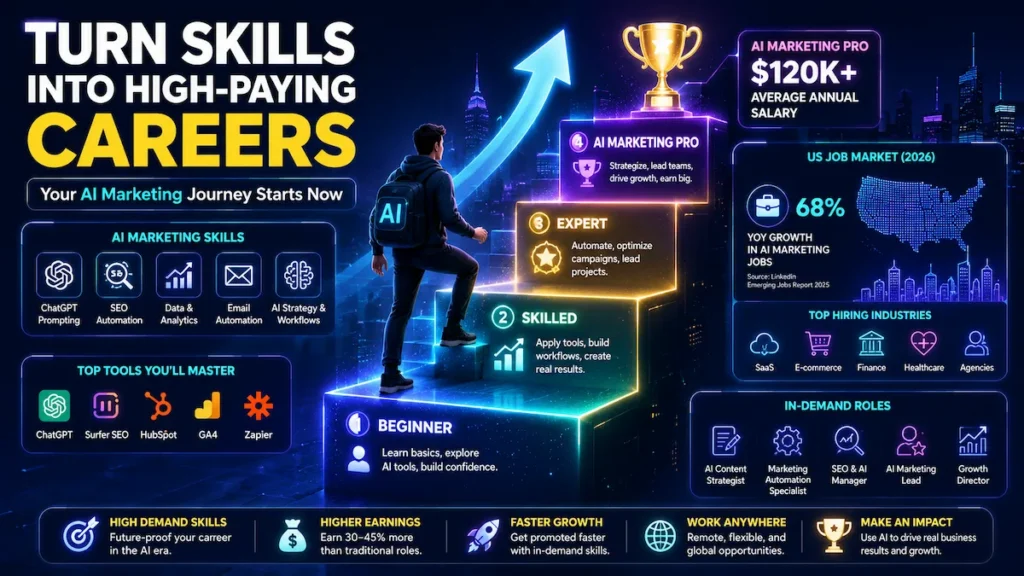 Career growth staircase showing progression from beginner to expert in AI marketing skills online with job success indicators.