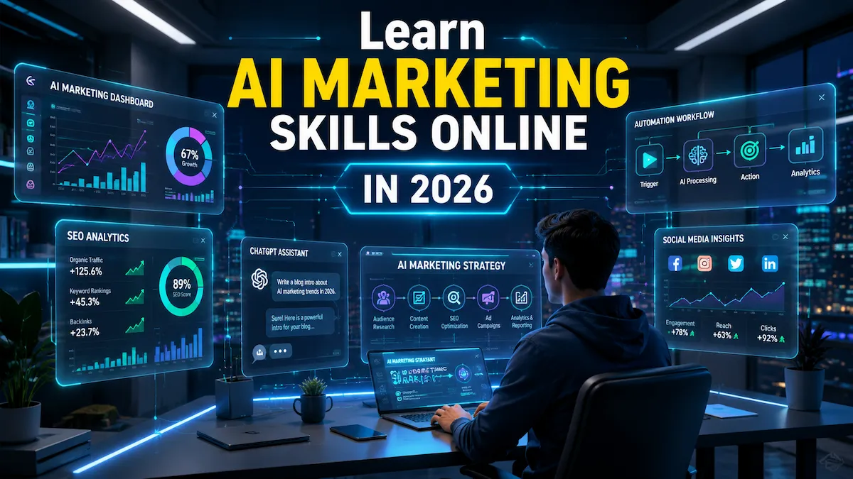 Futuristic workspace showing a person learning AI marketing skills online using AI dashboards, analytics tools, and digital marketing automation screens.