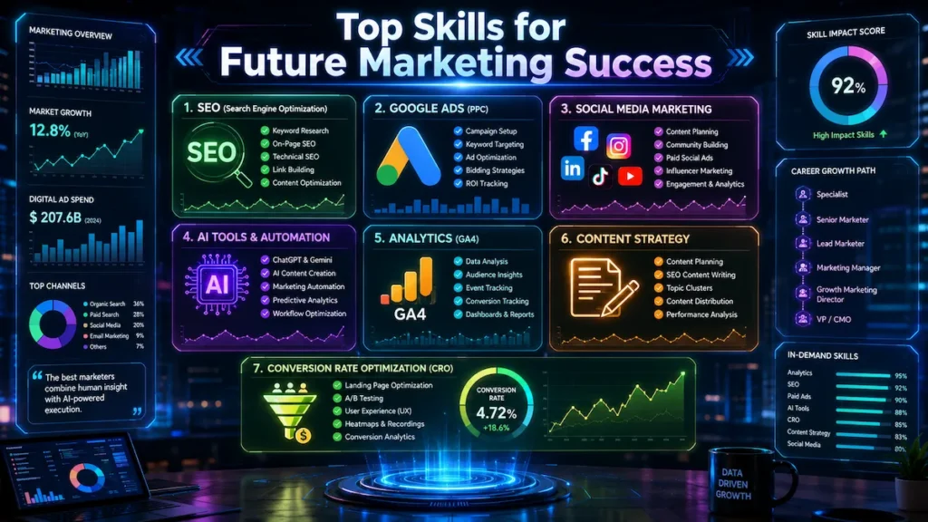 Digital marketing skills dashboard showing SEO, analytics, AI tools, and strategy modules for future-proof career development.