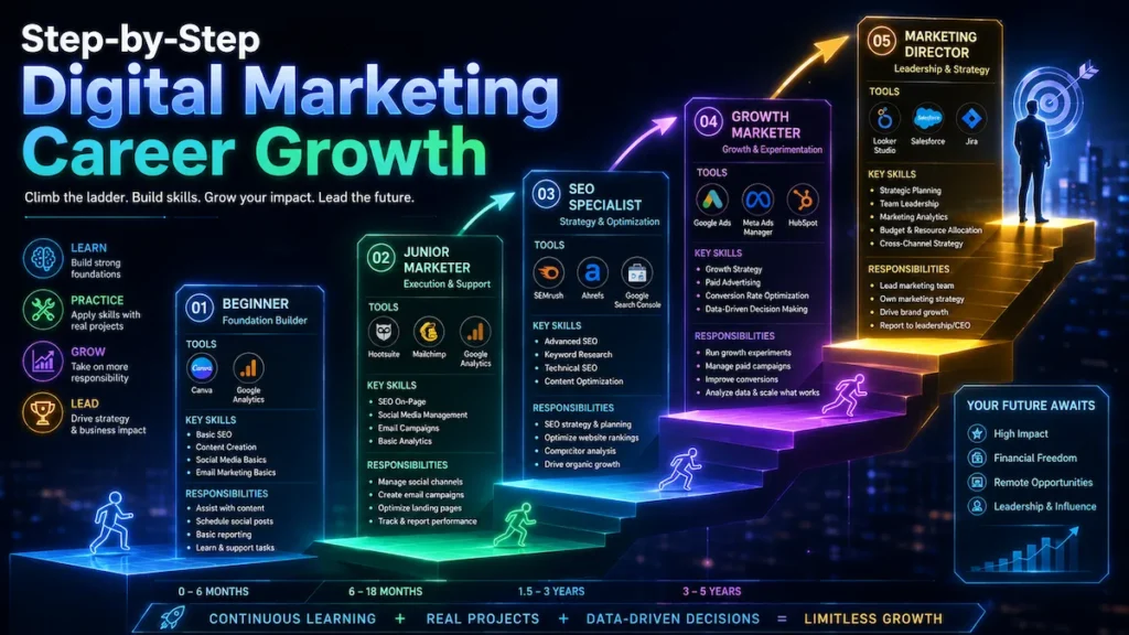 Career ladder infographic showing progression from beginner to advanced roles in digital marketing career path.