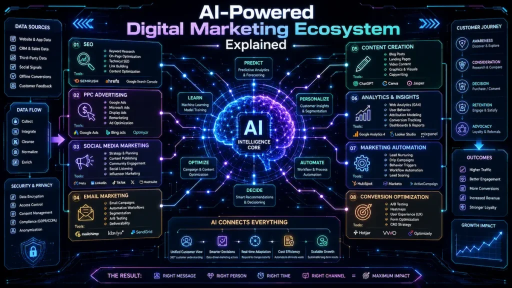 Futuristic ecosystem diagram showing AI integration across SEO, PPC, content marketing, and analytics in digital marketing career.