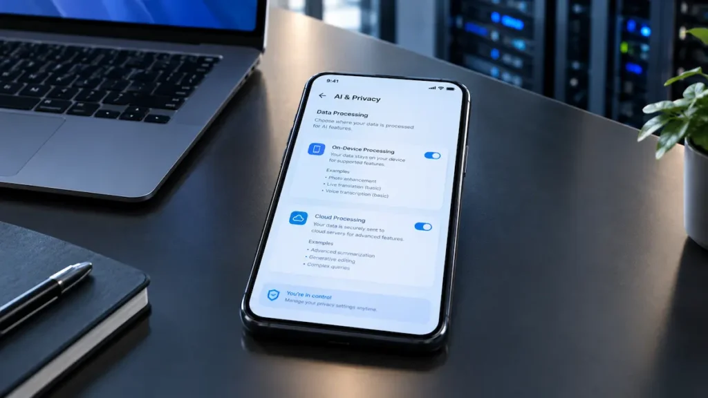 Smartphone privacy and AI data processing between local and cloud services