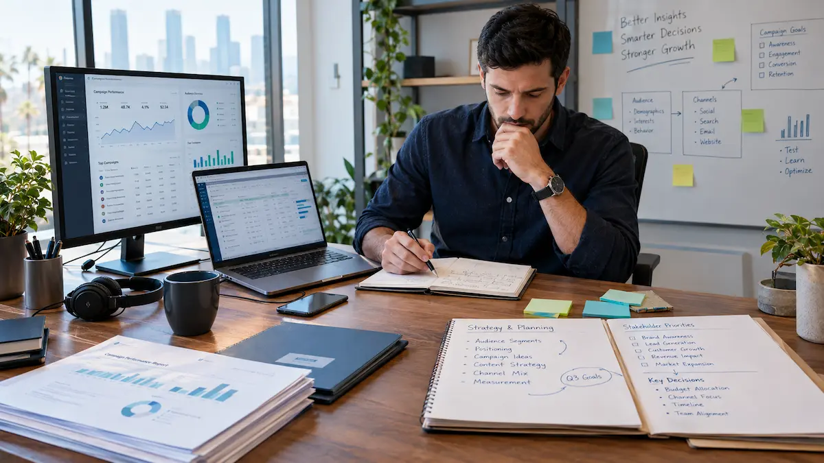 Marketing manager reviewing AI-assisted campaign data and strategy